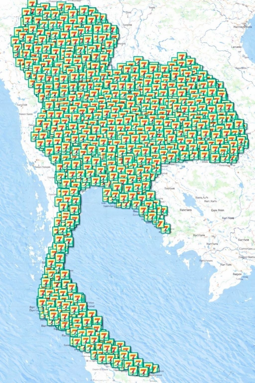 A map of Thailand completely covered in 7 Eleven store location markers