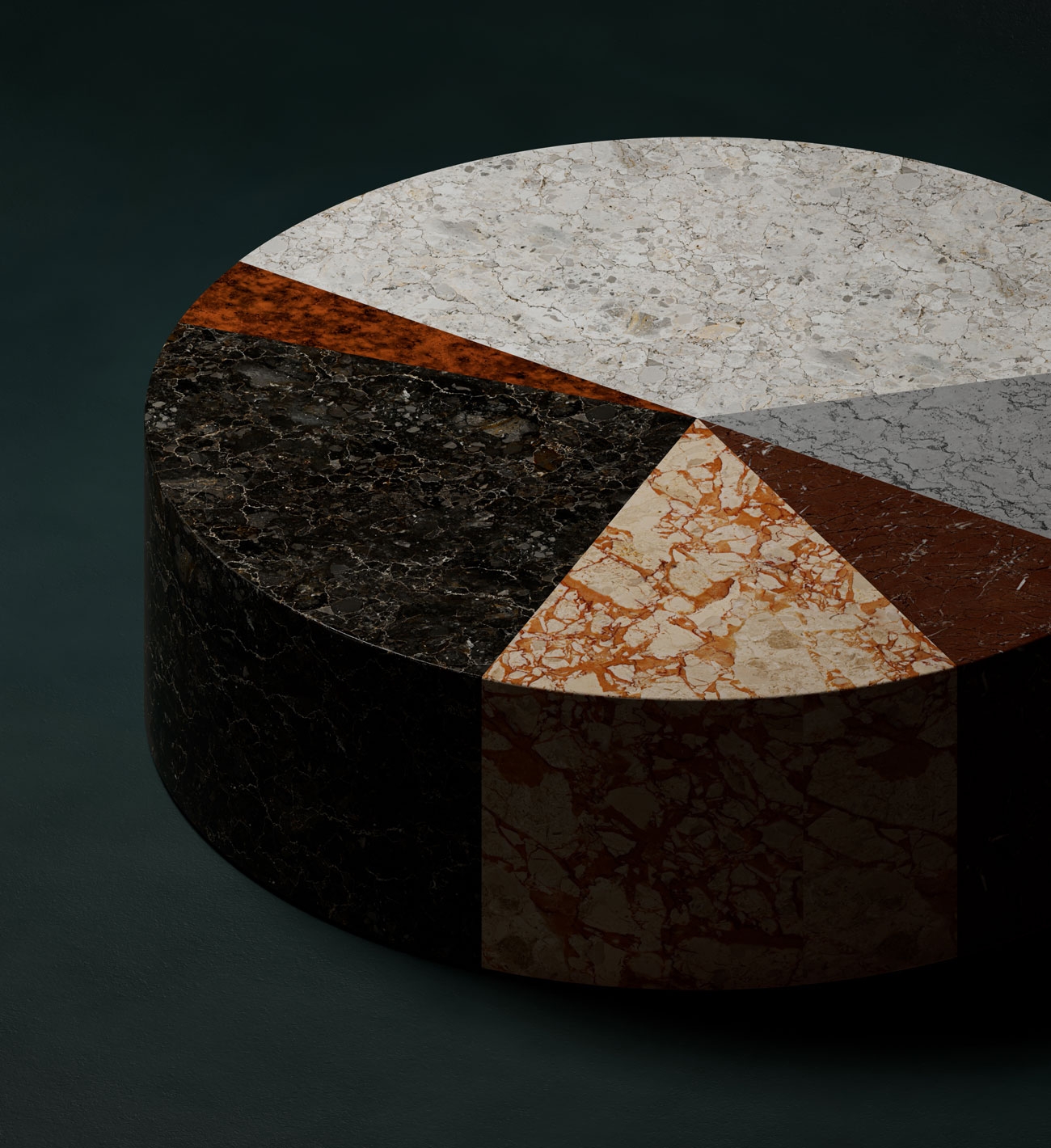 Abstract 3D pie chart made from mixed stone textures