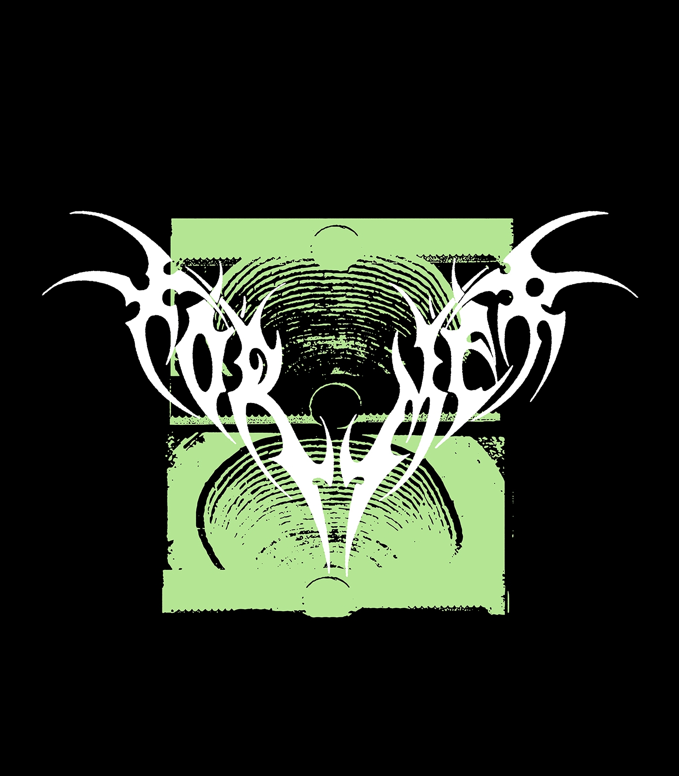 Former black metal graphic with spiked wordmark over green abstract print for Shaun Manners